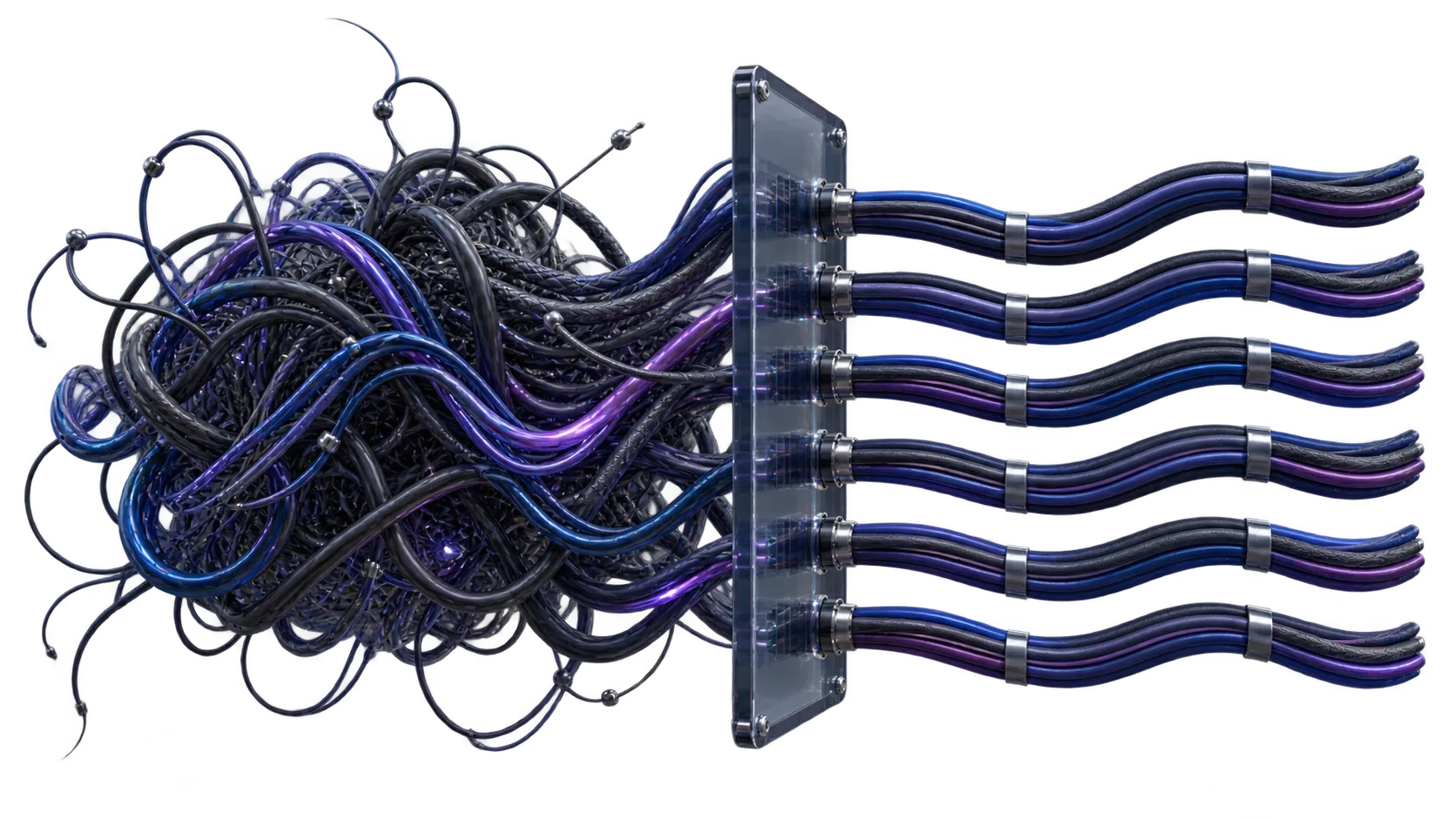 Tangled technical dependencies passing through a transparent routing plane and emerging as six ordered operating channels