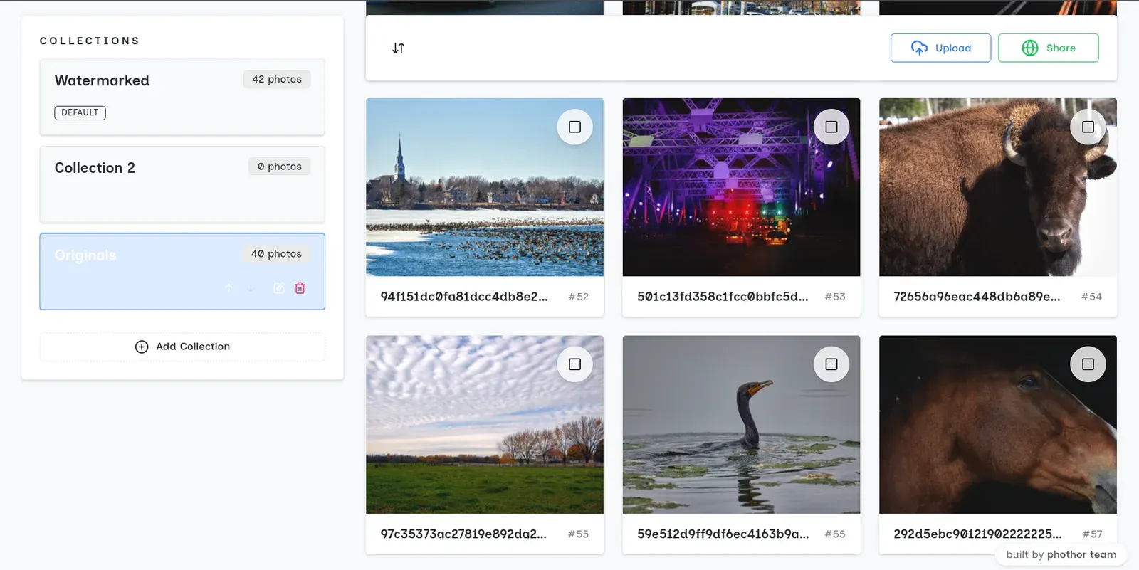 SendPhoto gallery-management interface showing collections and photo organization