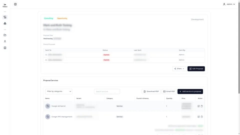 Anonymized marketing operations CRM interface